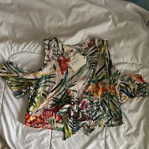 Lunik size small tropical print front tie crop top with ruffled cold shoulder
